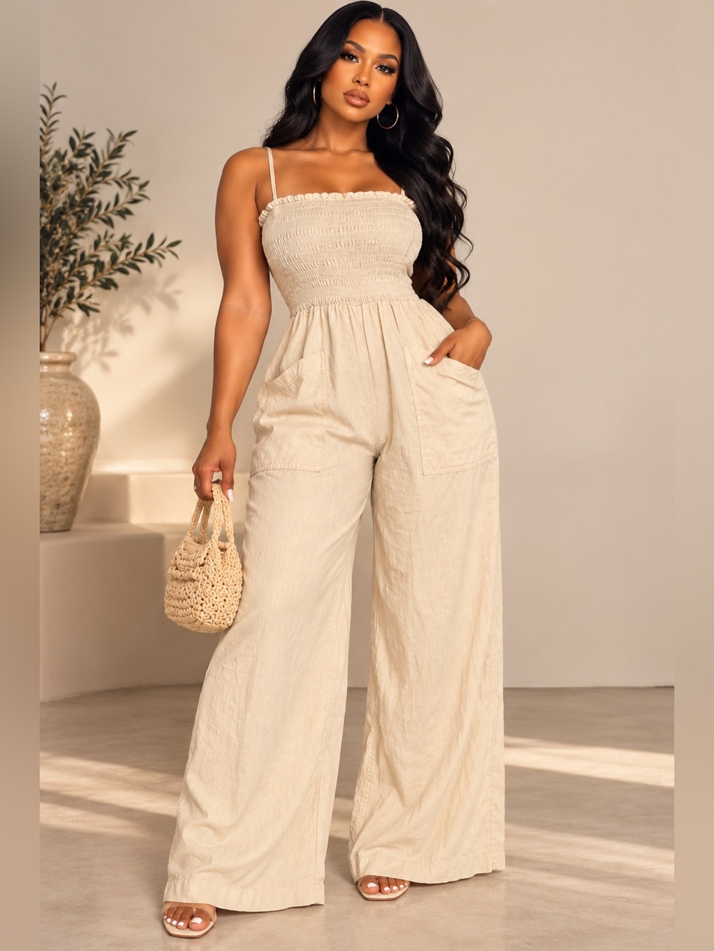 Universal Thread Linen Blend Smocked Wide Leg Jumpsuit Beige